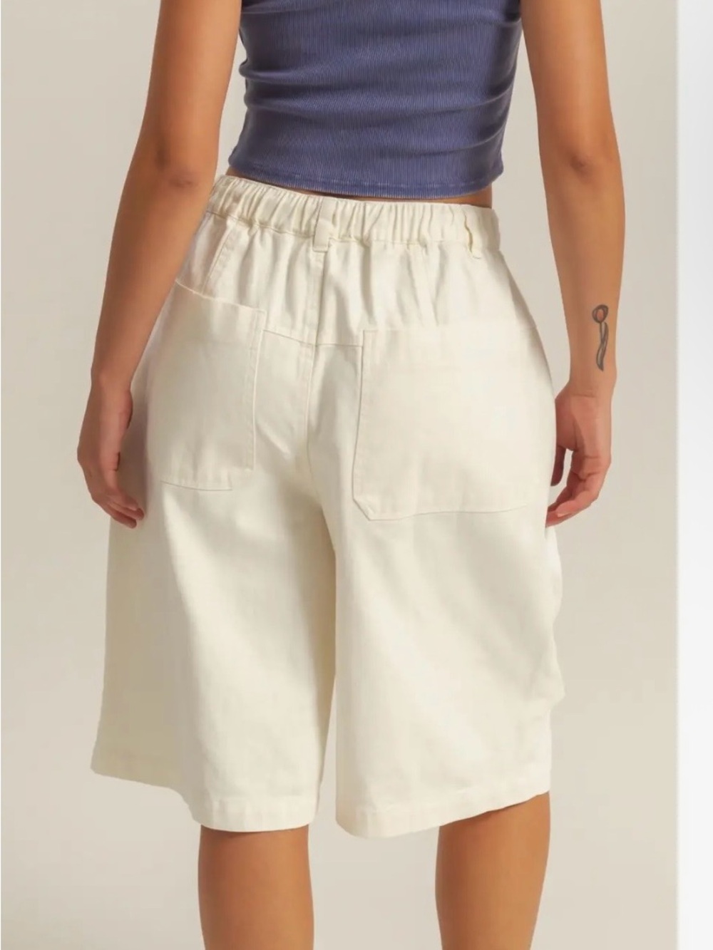 Double Zero Cream Wide-Leg Drawstring Bermuda Shorts - Picture 3 of 4